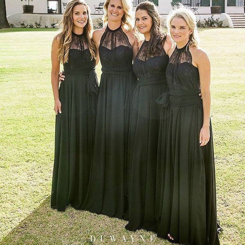 Black Top Lace Halter Chiffon Cheap Wedding Party Long Bridesmaid Dresses, WG428 - Wish Gown