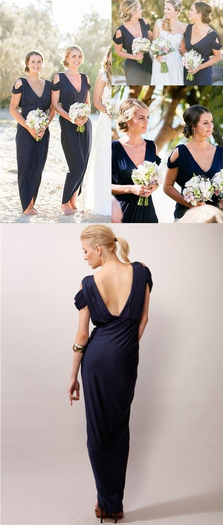 Navy Blue Jersey Off the Shoulder V Neck Cheap Long Wedding Party Bridesmaid Dresses, WG439
