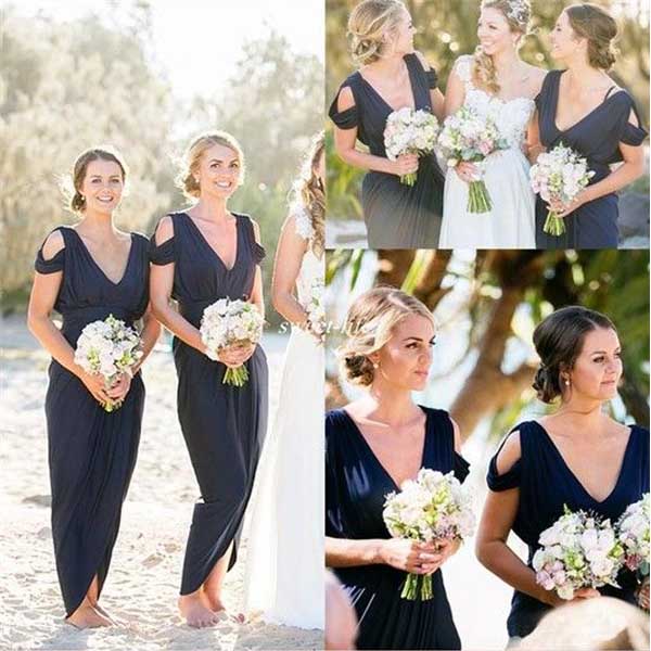 Navy Blue Jersey Off the Shoulder V Neck Cheap Long Wedding Party Bridesmaid Dresses, WG439