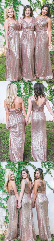 Rose Gold Sequin Mismatched Long Cheap Wedding Bridesmaid Dresses, WG450