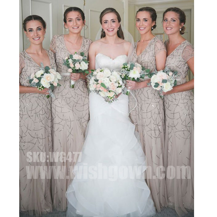 Charming Short Sleeves Beading Popular Long Wedding Bridesmaid Dresses, WG477 - Wish Gown