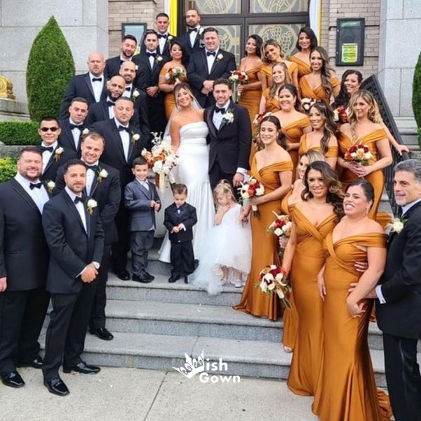 Burnt Orange Mermaid Side Split Off Shoulder Satin Wedding Guest Bride Wish Gown Burnt Orange Mermaid Side Split Off Shoulder Satin Wedding Guest Bride Wish Gown