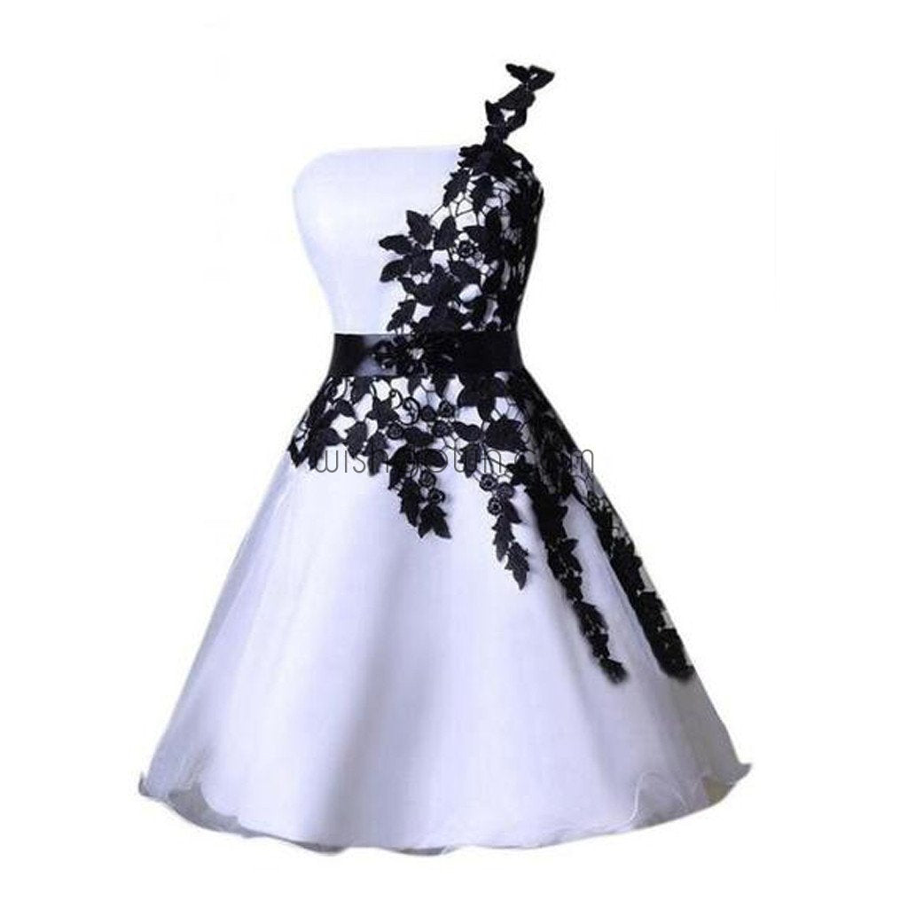 One shoulder black lace Cute short homecoming prom dresses, CM0007