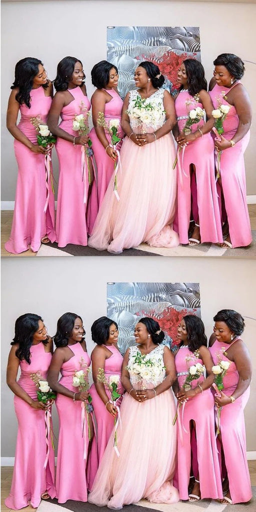 Elegant Pink Mermaid Side Slit Halter Cheap Long Bridesmaid Dresses Online, WGM132