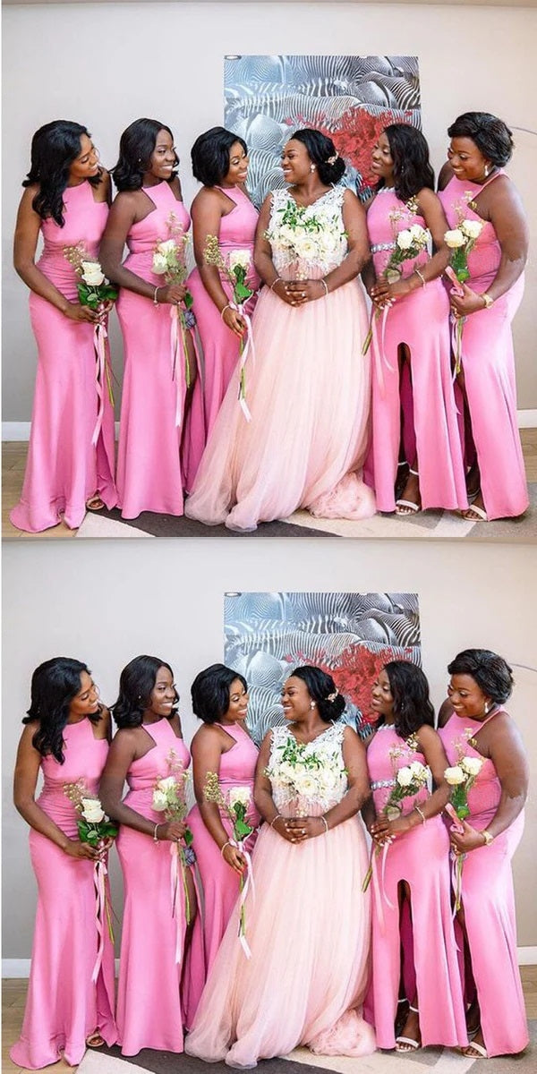 Elegant Pink Mermaid Side Slit Halter Cheap Long Bridesmaid Dresses On Wish Gown Elegant Pink Mermaid Side Slit Halter Cheap Long Bridesmaid Dresses On Wish Gown