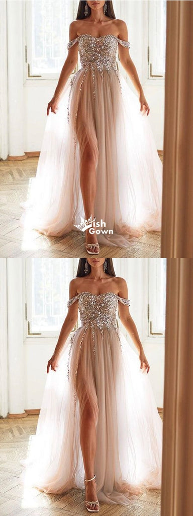 Sexy A-line Off Shoulder High Slit Maxi Long Evening Prom Dresses,WGP269