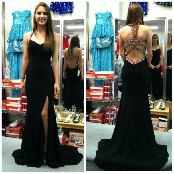 Sexy Black Side Slit Open Back Cheap Long Prom Dress, WG543