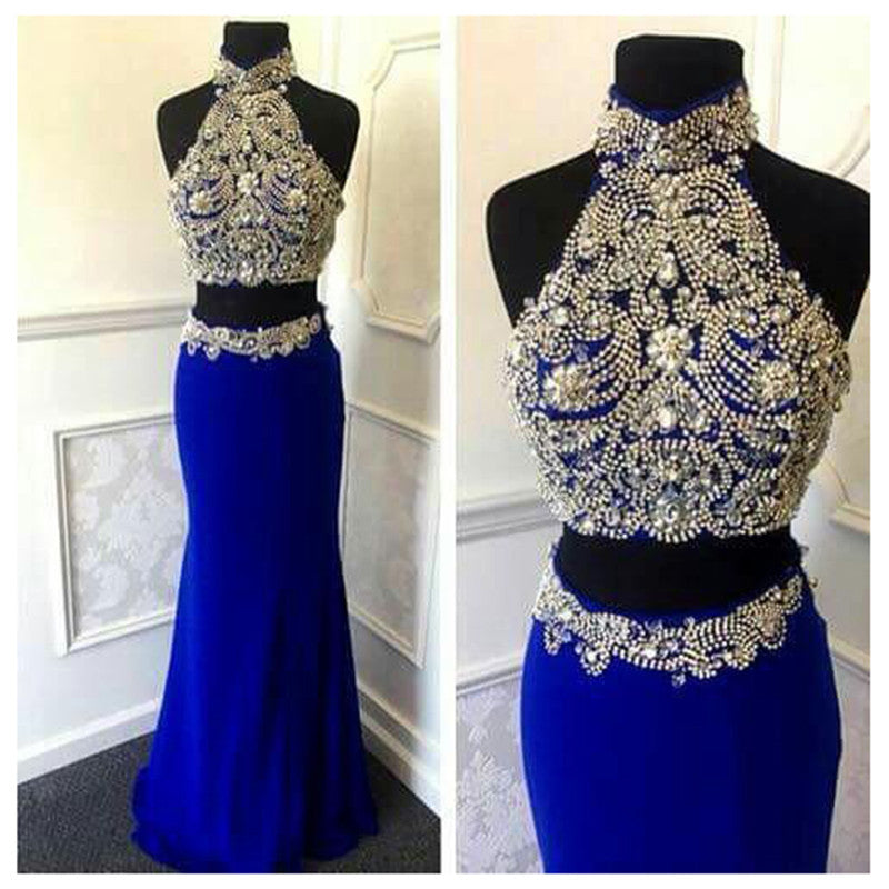 Sexy 2 Pieces Gorgeous Royal Blue High Neck Long Prom Dress, WG564