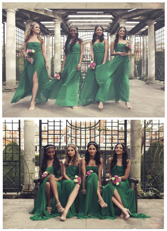 On Sale Side Split Straight Neckline Green Chiffon Pleating Long Wedding Guest Dresses, WG57