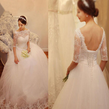 Popular Off Shoulder Long A-line Lace Top White Tulle Beaded Wedding Dresses, WD0191