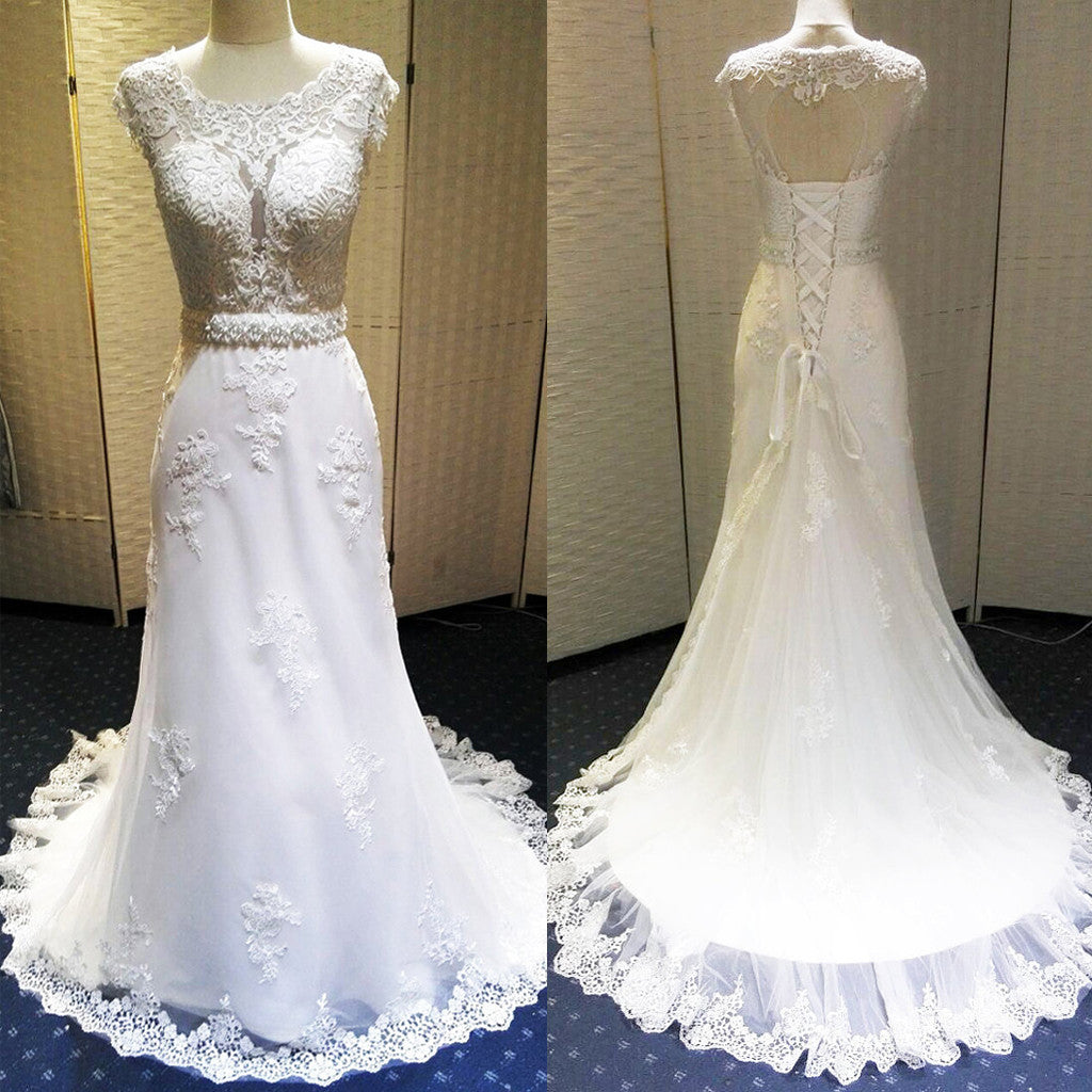 Charming Unique Open Back Lace Up Cap Sleeve Lace Beaded Long Wedding Dresses, WG617 - Wish Gown