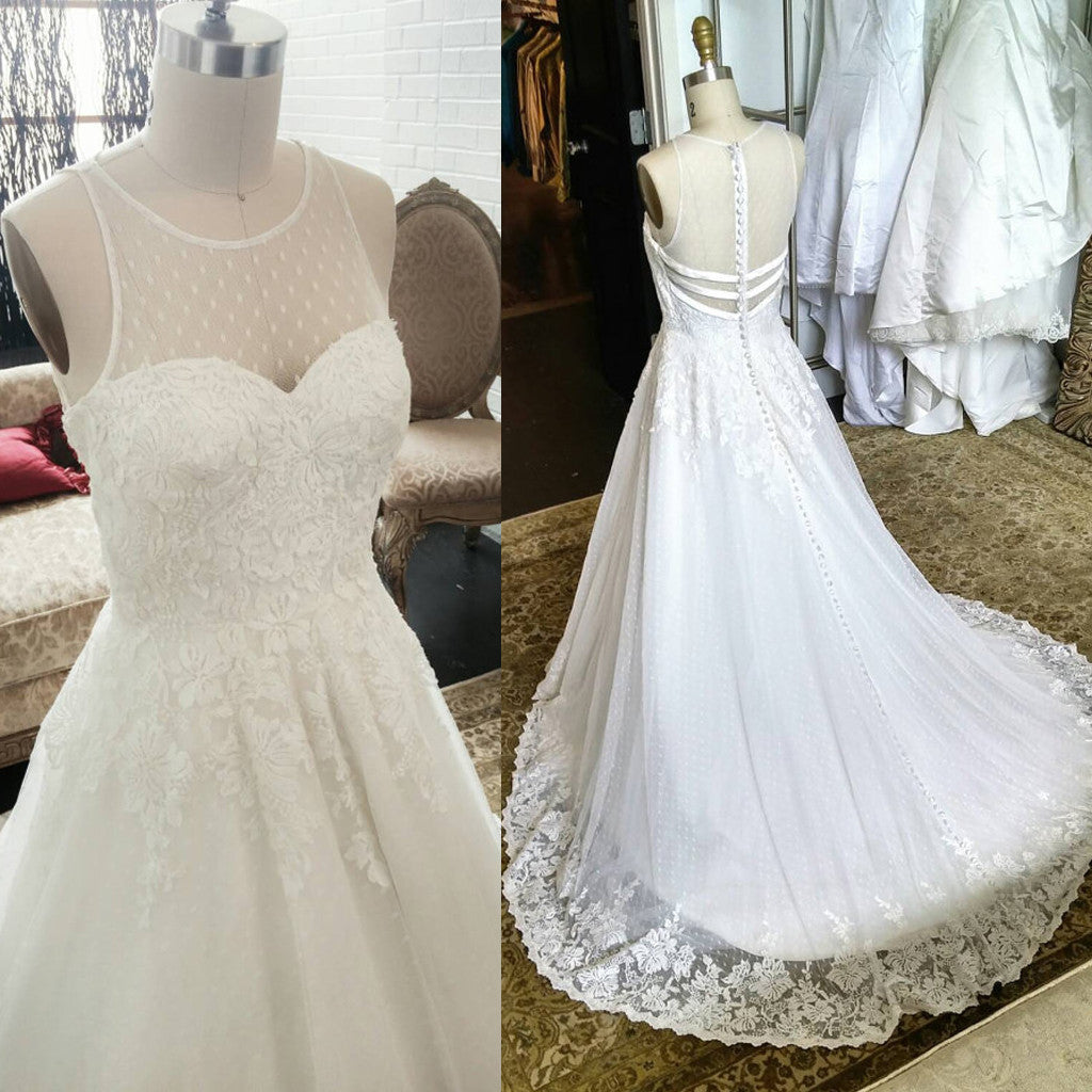 Charming Unique Round Neck Sleeves White Lace See Through Back Long Wedding Dress, WG627 - Wish Gown