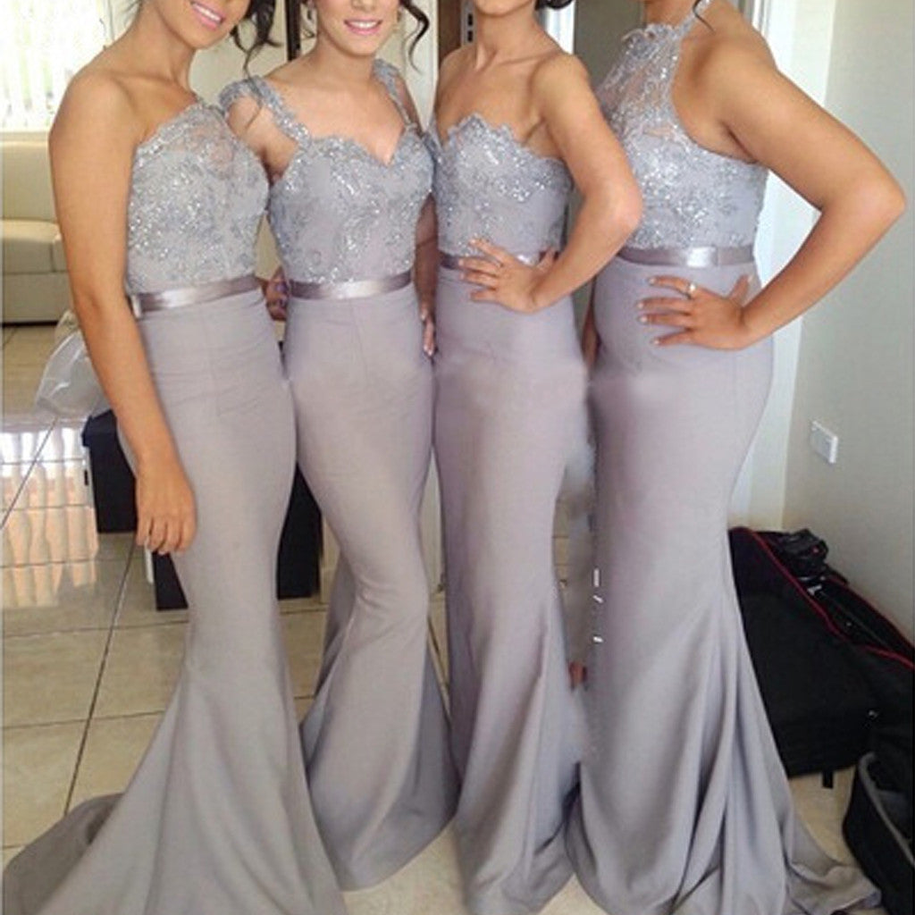 Popular Four Differnt Styles Mismatched Lace Grey Sexy Mermaid Long Bridesmaid Dresses, WG62