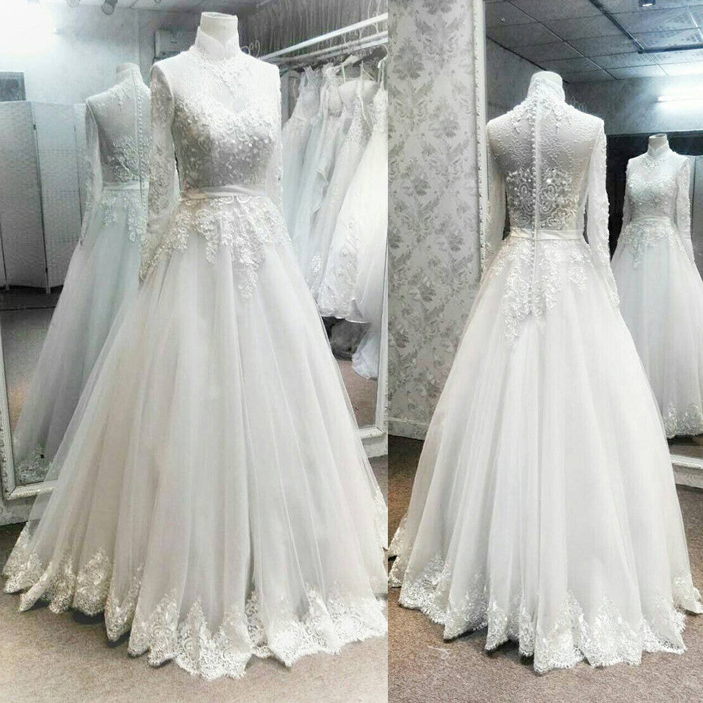 Charming High Neck Long Sleeves Lace Applique Luxury Long Wedding Bridal Ball Gown, WG630 - Wish Gown