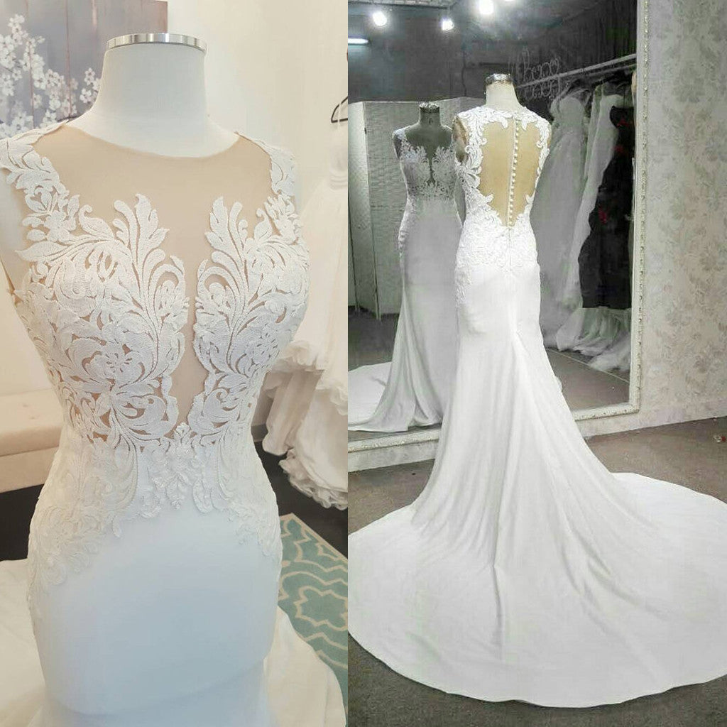 Charming Elegant See Through Back White Mermaid Lace Long Bridal Wedding Dress, WG634 - Wish Gown