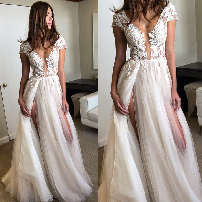 Cap Sleeves Seen Through Deep V Neck Sexy Split Long Prom Wedding Dresses, WG657 - Wish Gown