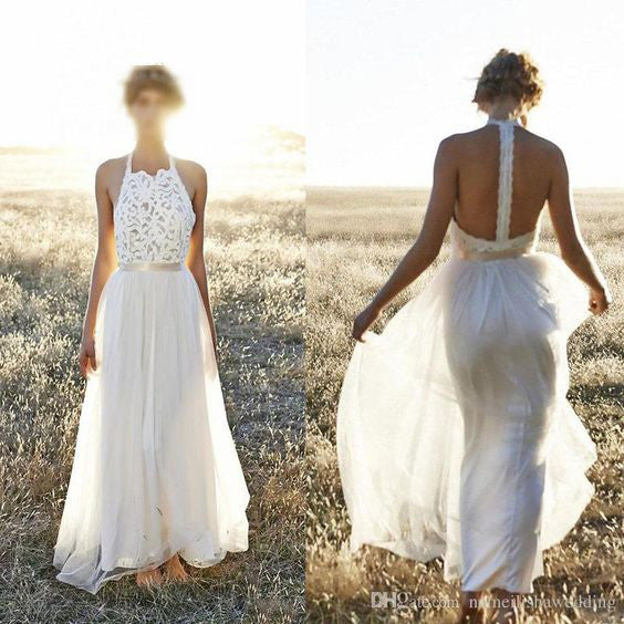 Simple Lace Top Chiffon Formal Long Brides Beach Wedding Dresses, WG664