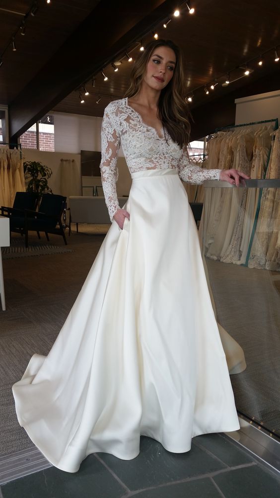 lace top silk bottom wedding dress Ivory Silk Satin Illusion Lace Top Jewel Neck Vintage Wedding Dresses, CW0381 US10 / As Pic