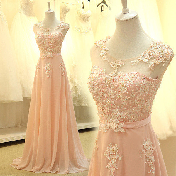 Elegant Peach Applique Chiffon Popular Long Prom Dresses, WG701 Wish Gown Elegant Peach Applique Chiffon Popular Long Prom Dresses, WG701 Wish Gown