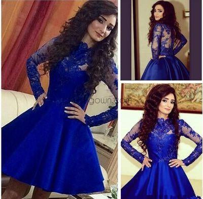 Royal Blue Long Sleeve Lace Pretty Knee Length Cheap Short Graduation Wish Gown Royal Blue Long Sleeve Lace Pretty Knee Length Cheap Short Graduation Wish Gown