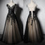 Black Applique Cap Sleeve Lace Up Back V Neck Long Prom Dresses, WG708