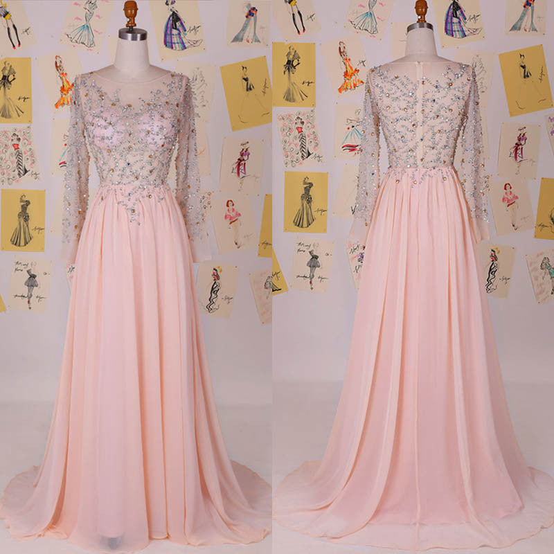 Long Sleeves Beaded Top Chiffon Affordable Long Prom Dresses, WG709