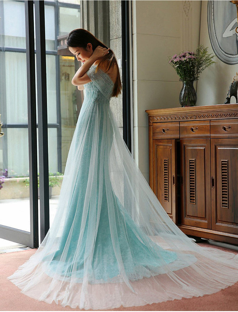 Blue Off Shoulder Unique Lace Tulle Online Long Prom Dresses, WG713 - Wish Gown