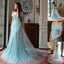 Blue Off Shoulder Unique Lace Tulle Online Long Prom Dresses, WG713