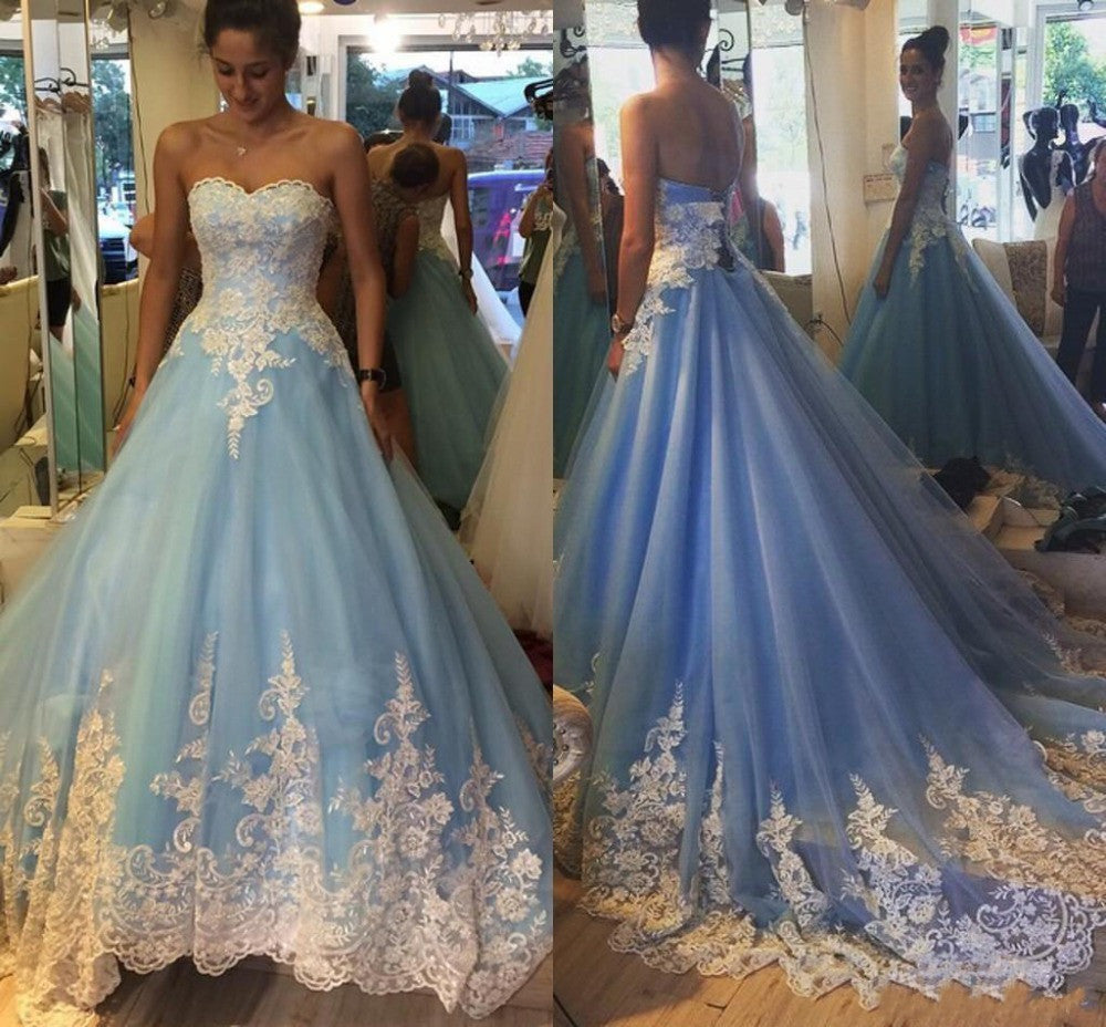Blue Sweetheart Applique Pretty Ball Gown Long Prom Dresses, WG714 - Wish Gown