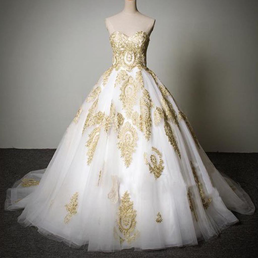 Cheap Popular Classic Sweetheart Gold Lace White Tulle Wedding Party Dresses, WD0071 - Wish Gown
