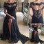 Black Off the Shoulder Short Sleeves Split Long Lace Prom Dresses, WG720