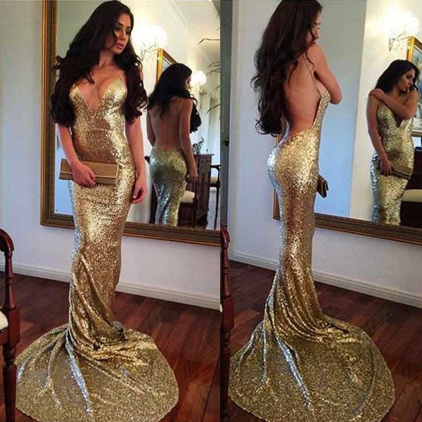 Gold Sequin V Neck Backless Sexy Mermaid Shinning Bridesmaid Prom Dress, WG721 - Wish Gown