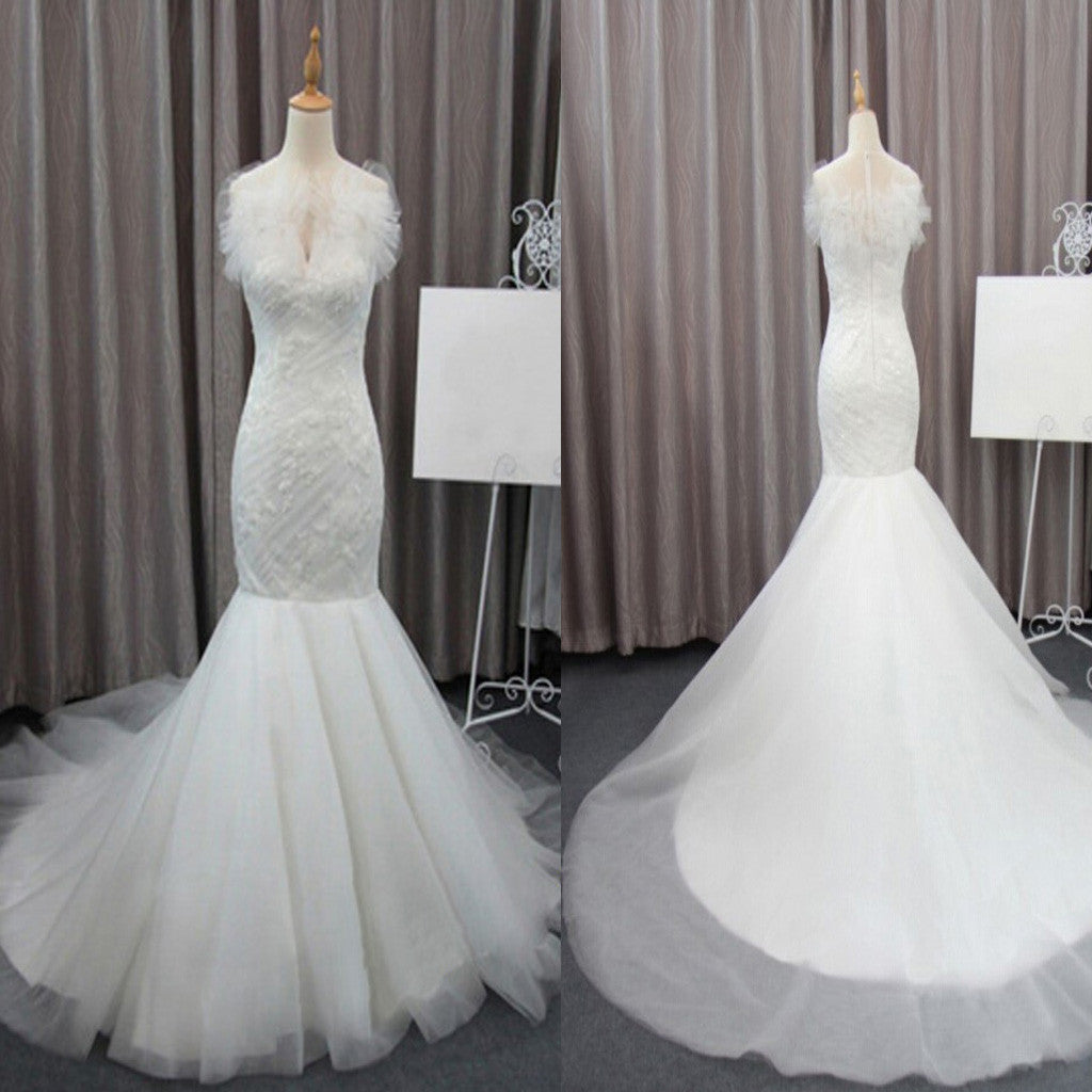 Gorgeous Elegant White Lace Mermaid Tulle Wedding Party Dresses, Bridal Gown, WD0072 - Wish Gown
