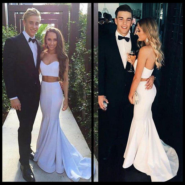 White Simple Two Pieces Mermaid Sweetheart Cheap Long Prom Dresses, WG756