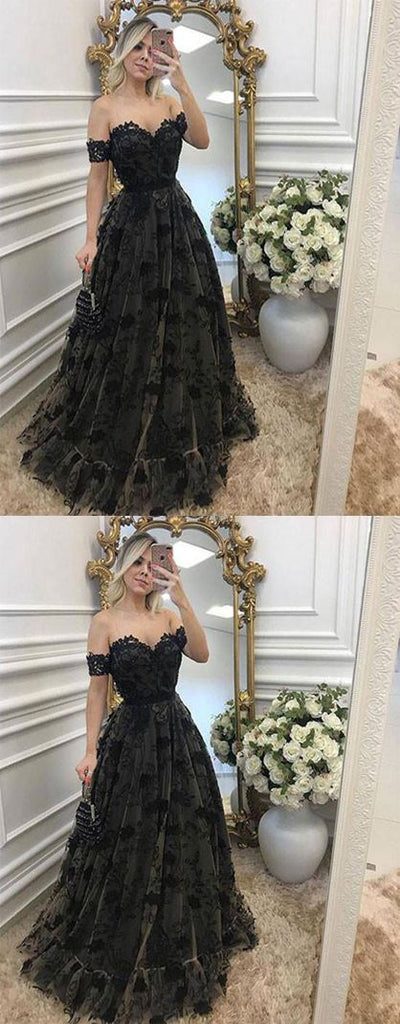 Black Lace Off the Shoulder Sexy Sweetheart Elegant Long Prom Dresses, WG776 - Wish Gown