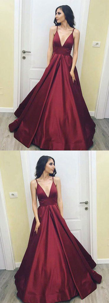 Burgundy Simple V Neck Cheap Formal Long Satin Evening Prom Dress, WG783 - Wish Gown