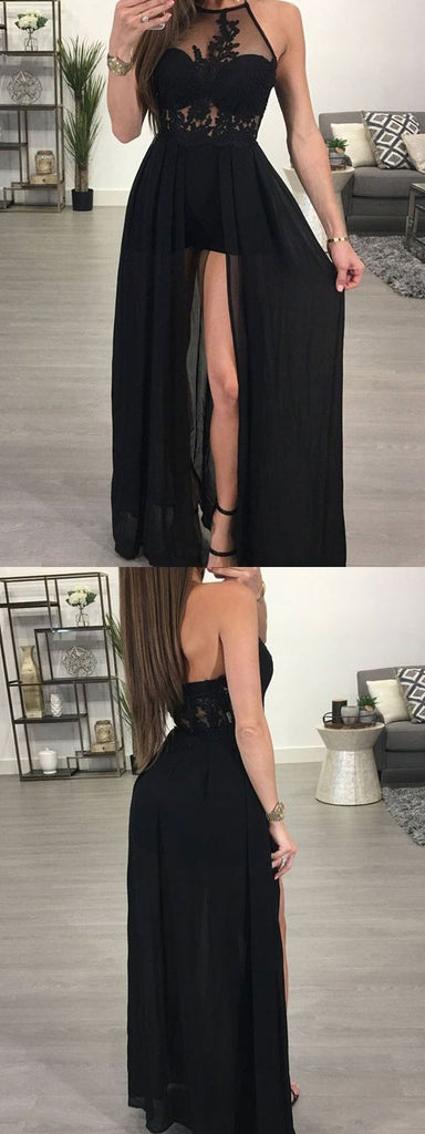 Black Halter Side Split Sexy Cheap Formal Long Prom Dresses, WG793 - Wish Gown
