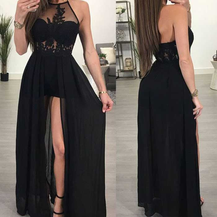 Black Halter Side Split Sexy Cheap Formal Long Prom Dresses, WG793 - Wish Gown