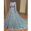 Blue long sleeves Lace Applique Charming Ball Gown Long Prom Dresses, WG799 - Wish Gown