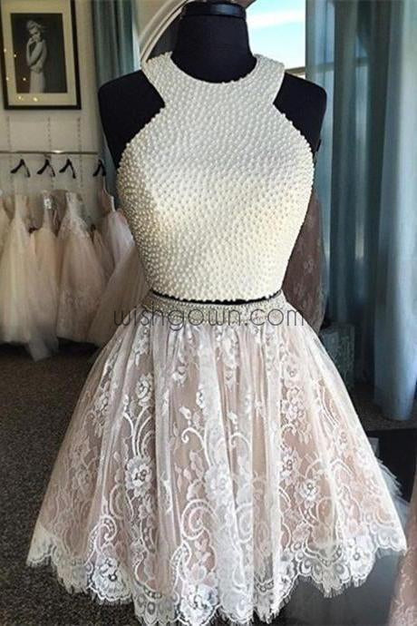 Sexy Two Pieces Halter Lace skirt Pearls bodice Cute homecoming prom dresses, CM0010