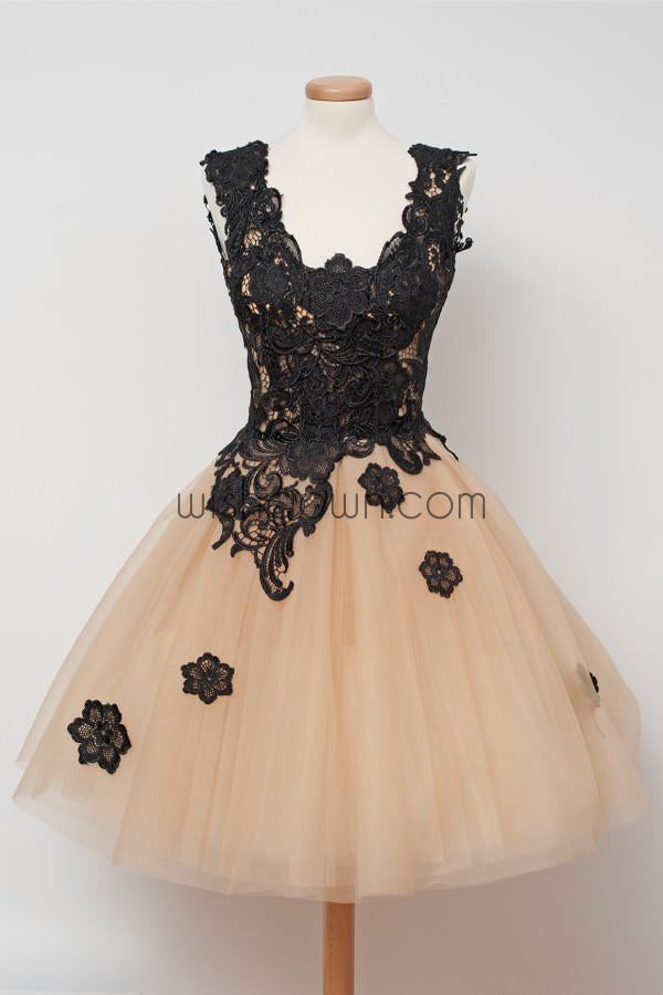 Black Applique Lace Champange Lovely Cheap Short Homecoming Dresses, WG807 - Wish Gown