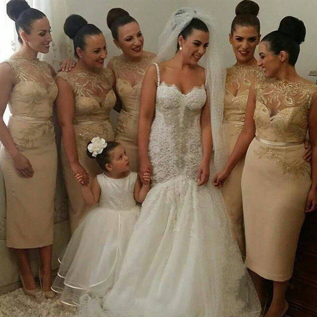 Gorgeous Unique Women Sexy Gold Sequin Lace Short Inexpensive Bridesmaid Dresses, WG83 - Wish Gown