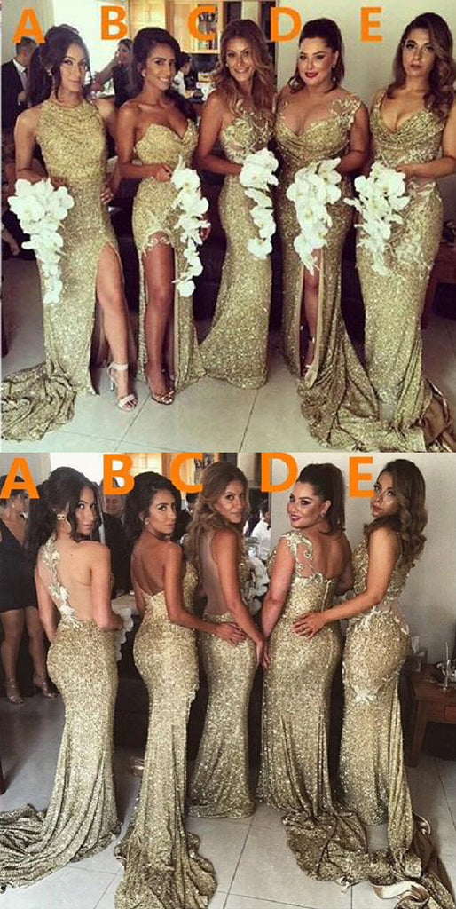 Sexy Unique Mismatched Gold Seuin Side Split Sparkly Women Long Wedding Party Dresses for Bridesmaids, WG86