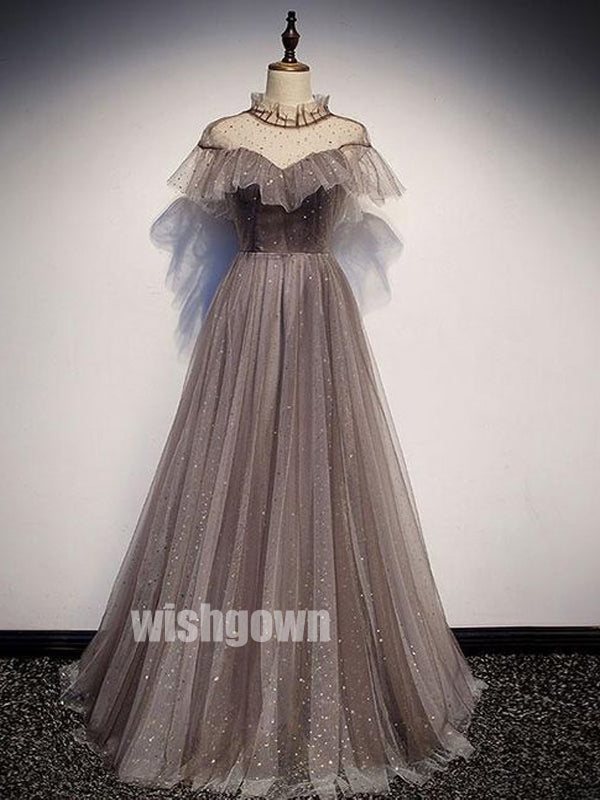 Elegant A-line Sequins Tulle Long Prom Dresses PG1178