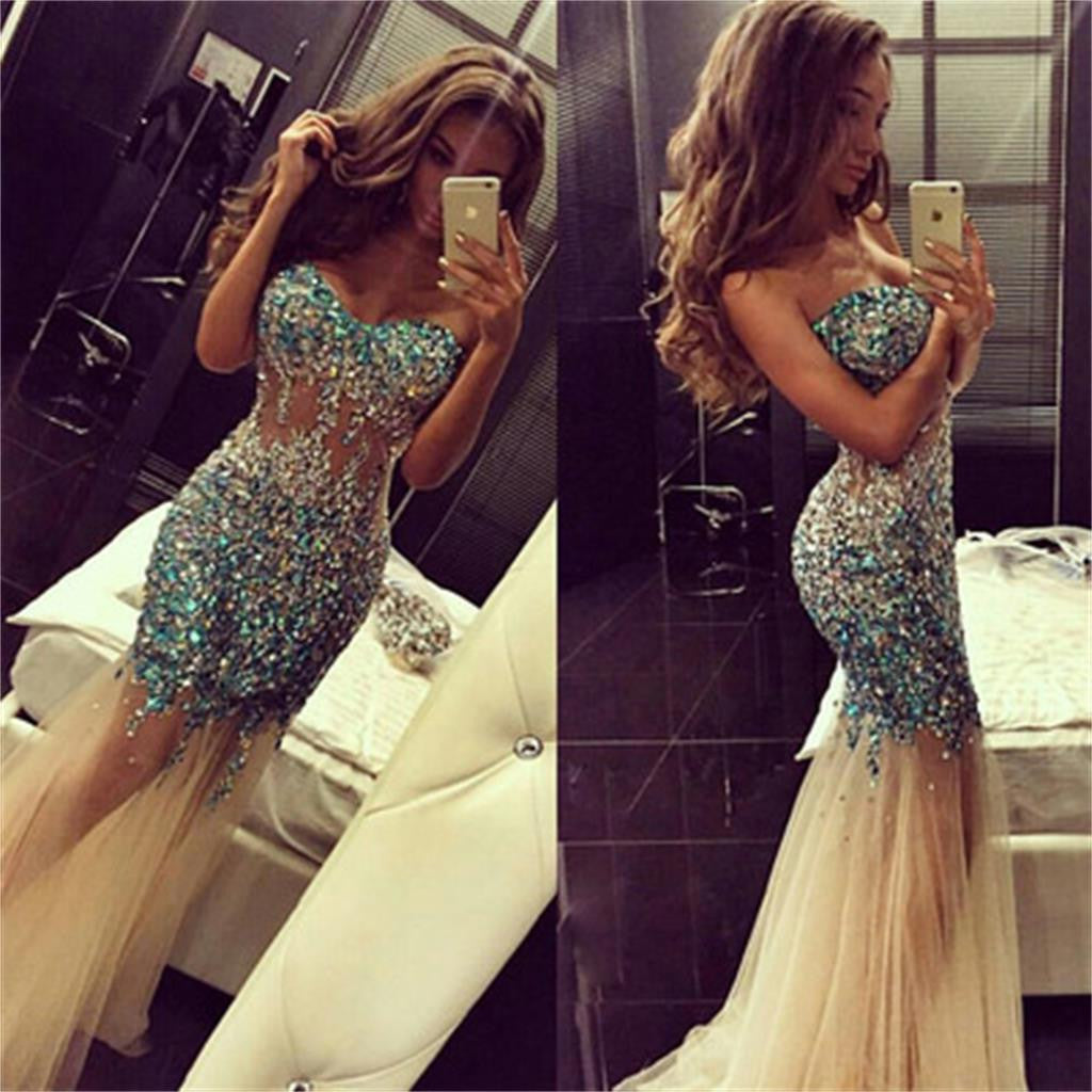 See Through Mermaid Long Gorgeous Shinning Sexy Evening Prom Dresses, PD0103