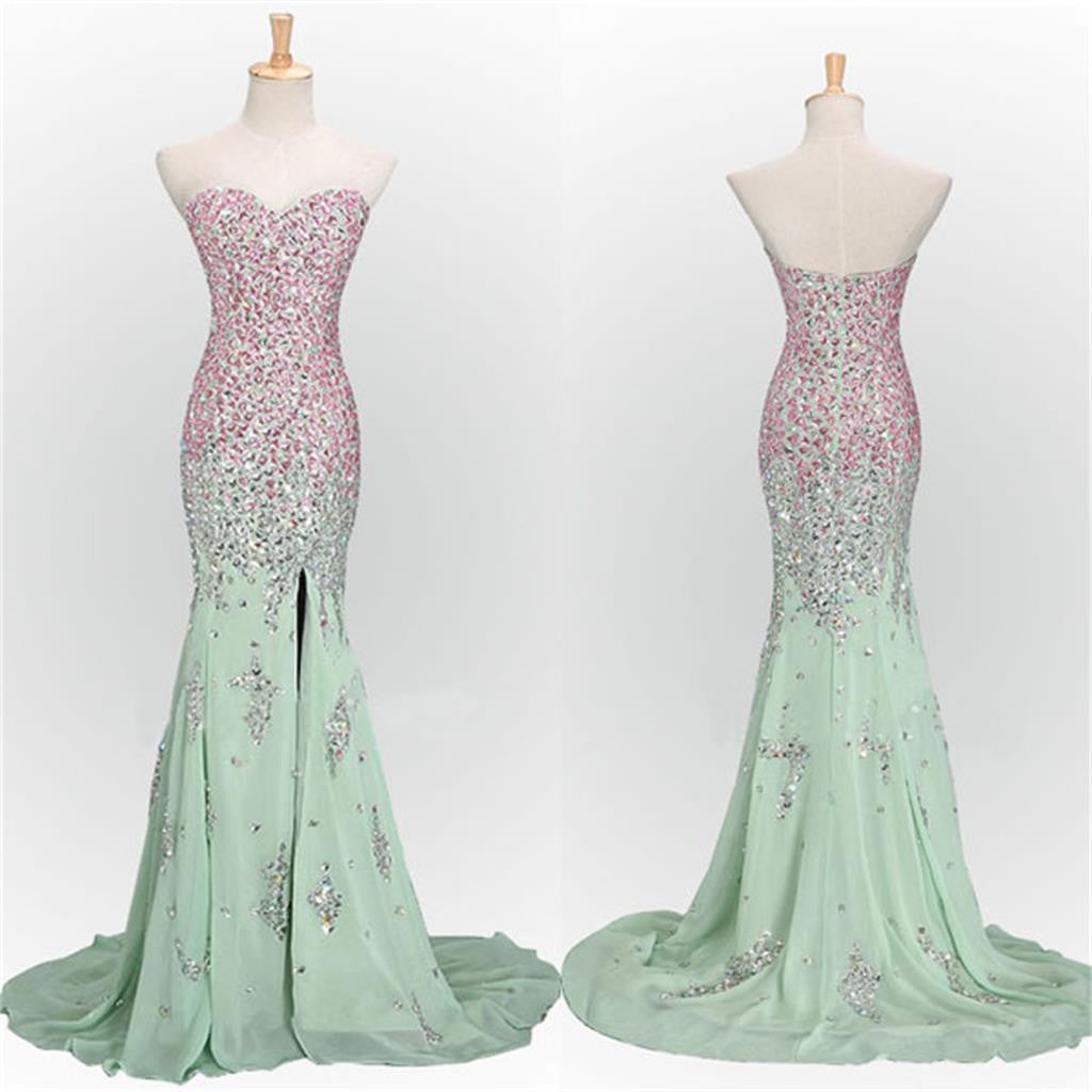 Mint Long Mermaid Sweet Heart Side Split Sparkle Popular Custom Make Prom Dresses, PD0113