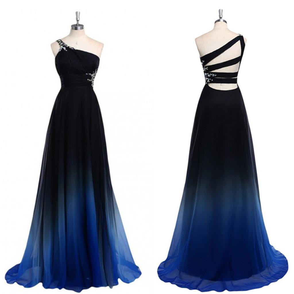 Chiffon Cheap One Shoulder Backless Gradient Black Blue Popular Unique Pretty Prom Dresses, PD0122 - Wish Gown