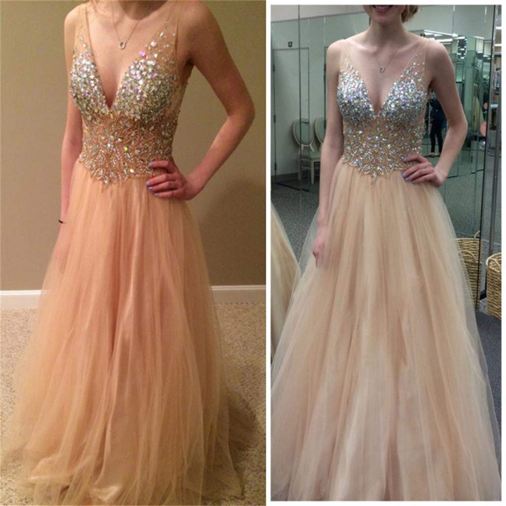 V-Neck Sexy Tulle Sparkle Evening Party Gorgeous Long Prom Dress Online, PD0127
