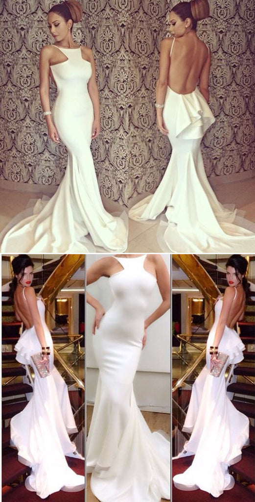 Sexy Backless Mermaid Elegant Formal Party Ivory Evening Long Prom Dress, PD0129