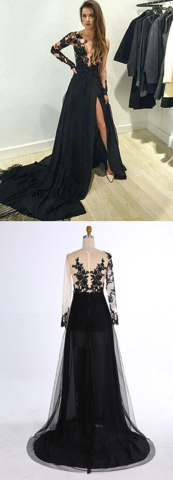 Long Lace Popular Side Split Sexy Black Long Sleeves Evening Prom Dres Wish Gown Long Lace Popular Side Split Sexy Black Long Sleeves Evening Prom Dres Wish Gown